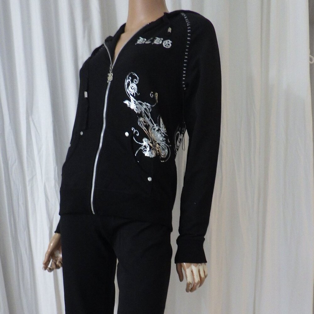 NWT BCBG sz SM MED LG XL 95% cotton BLACK SILVER BUTTERFLY & VINE 2PC TRACKSUIT